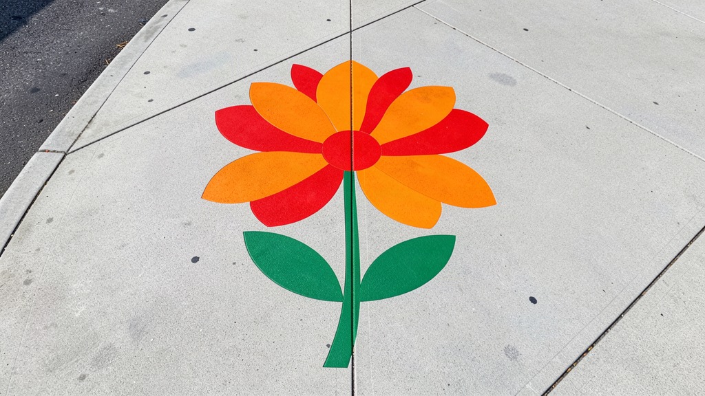 Concept: colorful flower in colored concrete sidewalk